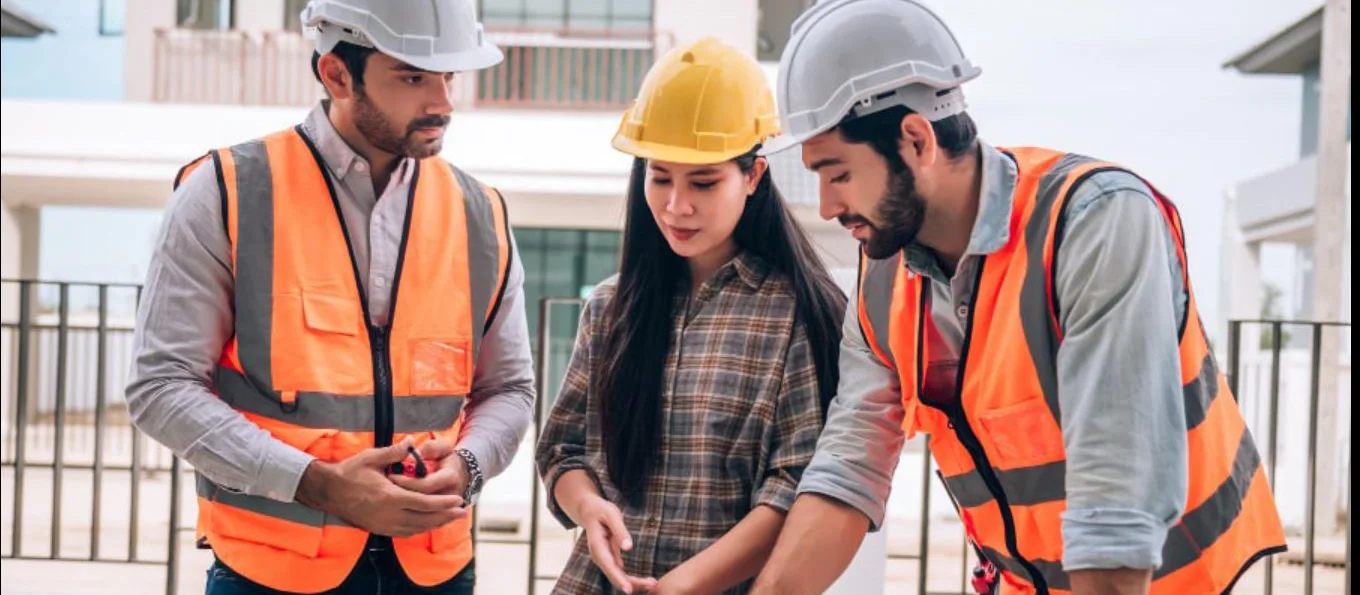 Techniciens en gilet orange et casque examinant des plans sur un chantier